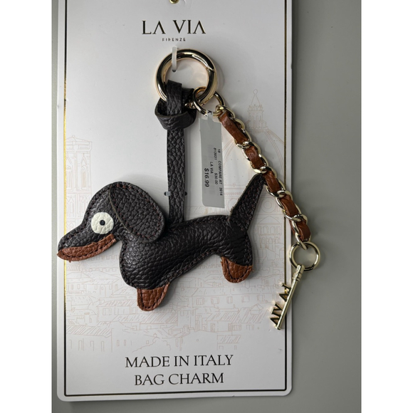 NWT Viral La Via Firenze Black & Tan Daschund Bag Charm/Gold Tone Key Chain - Picture 2 of 3